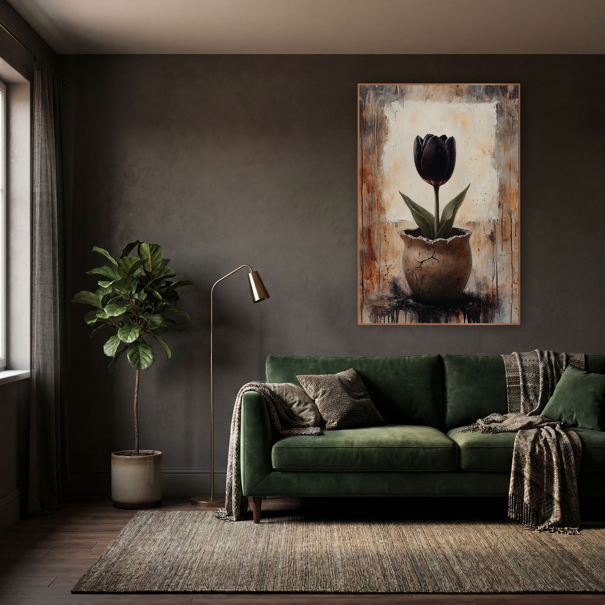 Black Tulip Cracked Pot Dark Academia wall art in a moody dark academia room – black tulip with green leaves