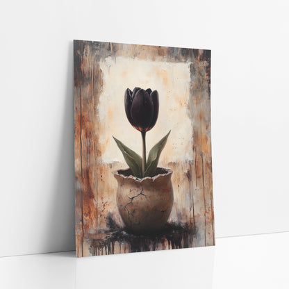 Black Tulip Cracked Pot Dark Academia art print leaning against a white wall – black tulip with green leaves in a cracked