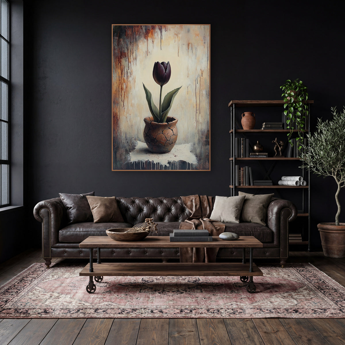 Plum Tulip Rust Drip Moody wall art in a moody dark academia room – dark plum tulip with green leaves in a cracked