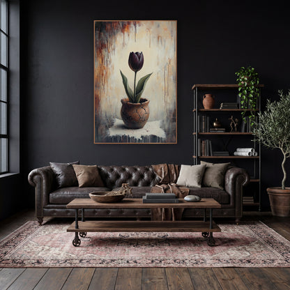 Plum Tulip Rust Drip Moody wall art in a moody dark academia room – dark plum tulip with green leaves in a cracked
