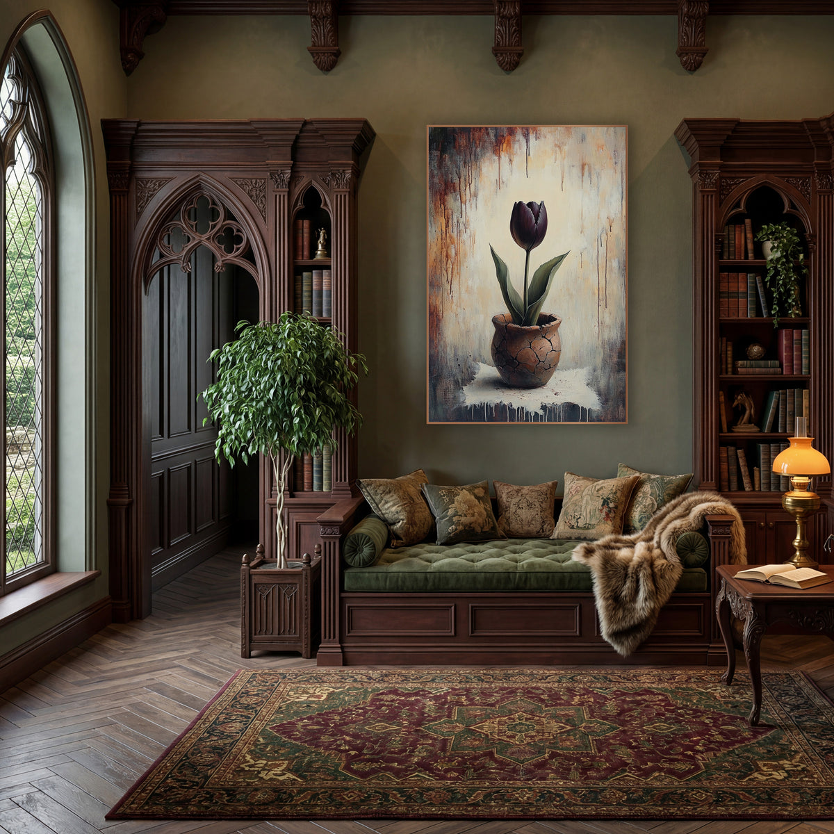 Plum Tulip Rust Drip Moody wall art in a moody dark academia room – dark plum tulip with green leaves in a cracked