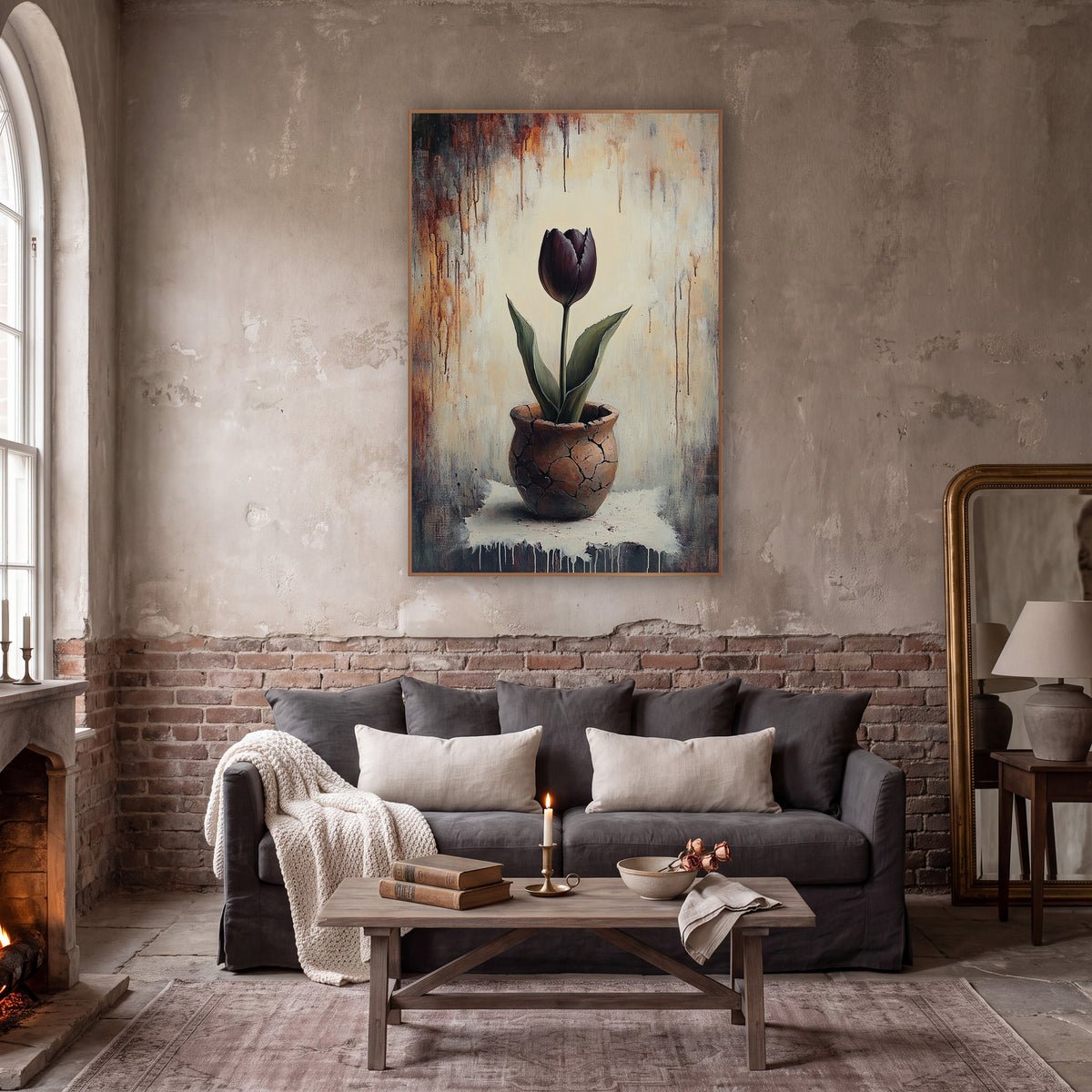 Plum Tulip Rust Drip Moody wall art in a moody dark academia room – dark plum tulip with green leaves in a cracked