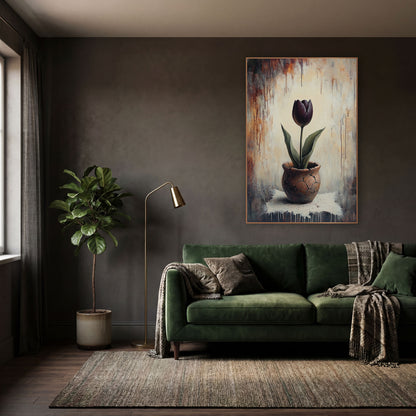 Plum Tulip Rust Drip Moody wall art in a moody dark academia room – dark plum tulip with green leaves in a cracked
