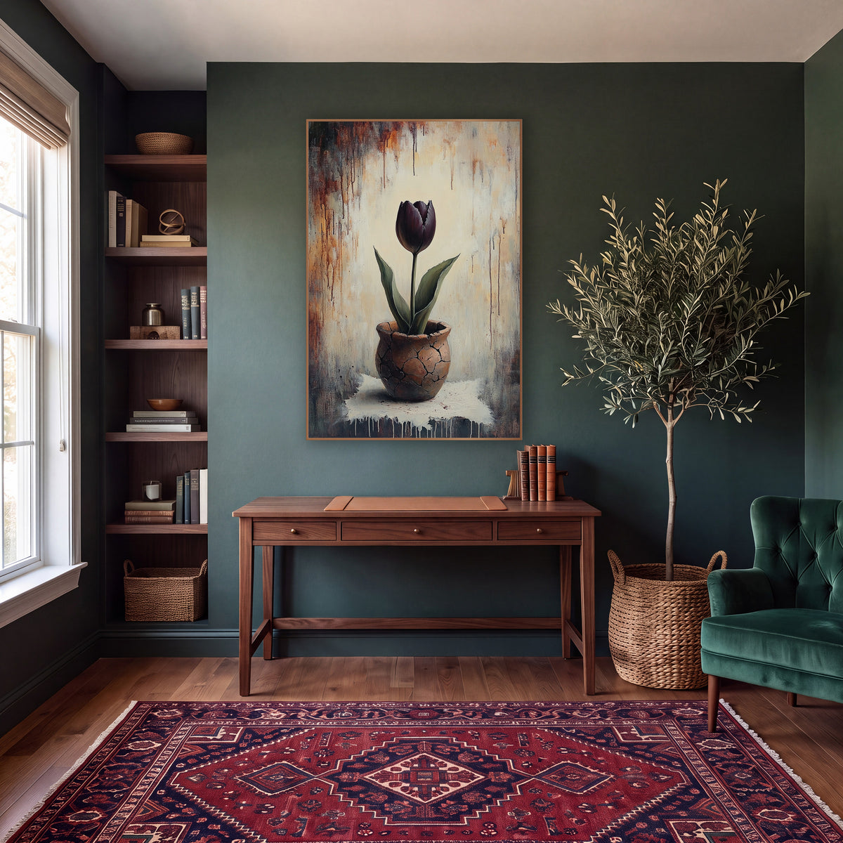 Plum Tulip Rust Drip Moody wall art in a moody dark academia room – dark plum tulip with green leaves in a cracked