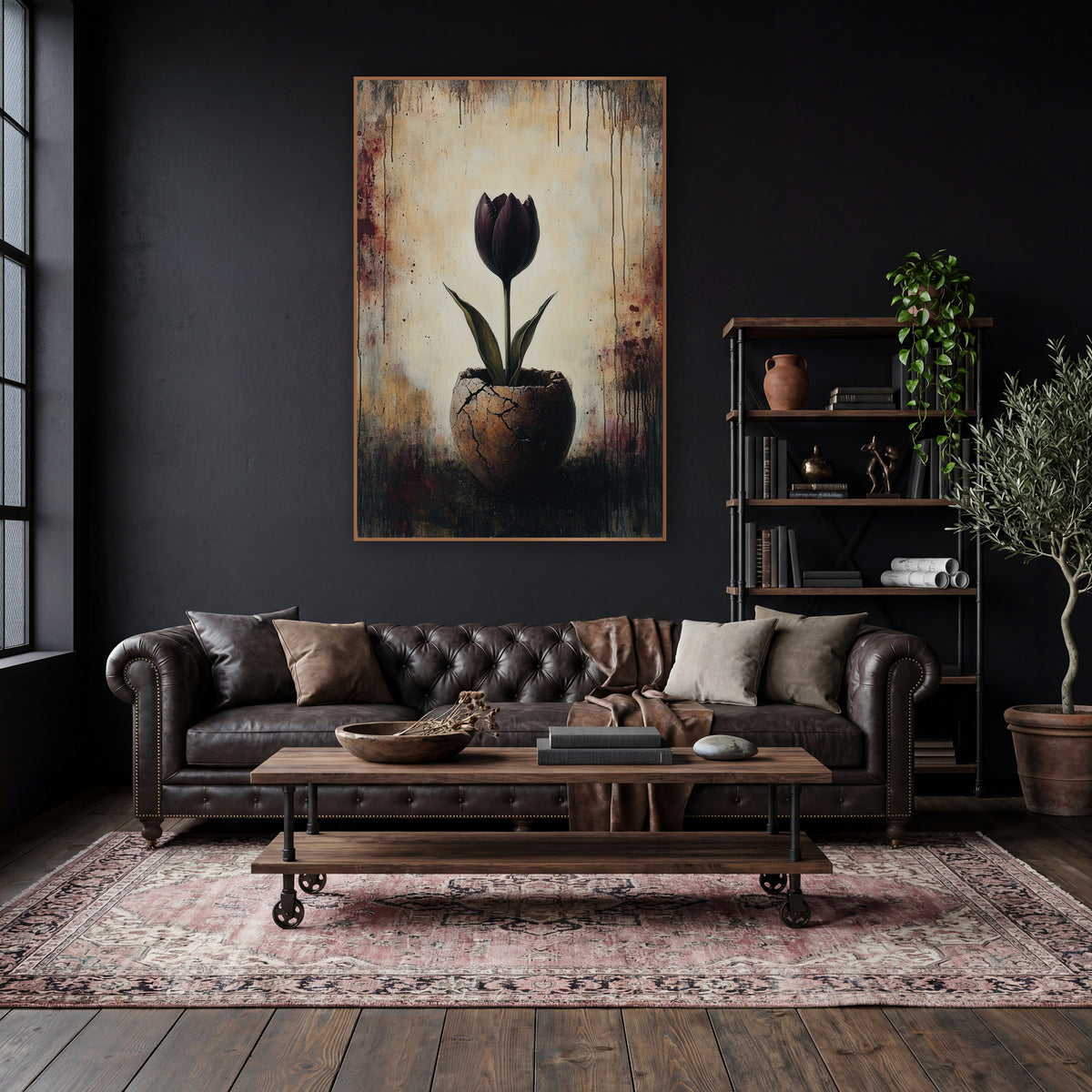 Dark Plum Tulip Cracked Vessel Moody wall art in a moody dark academia room – dark plum tulip with green leaves