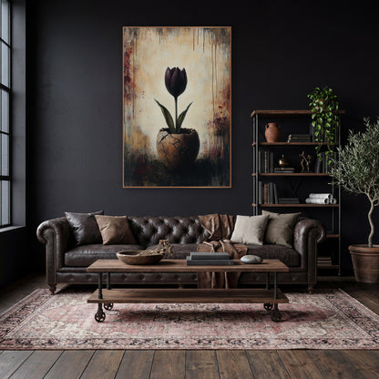 Dark Plum Tulip Cracked Vessel Moody wall art in a moody dark academia room – dark plum tulip with green leaves