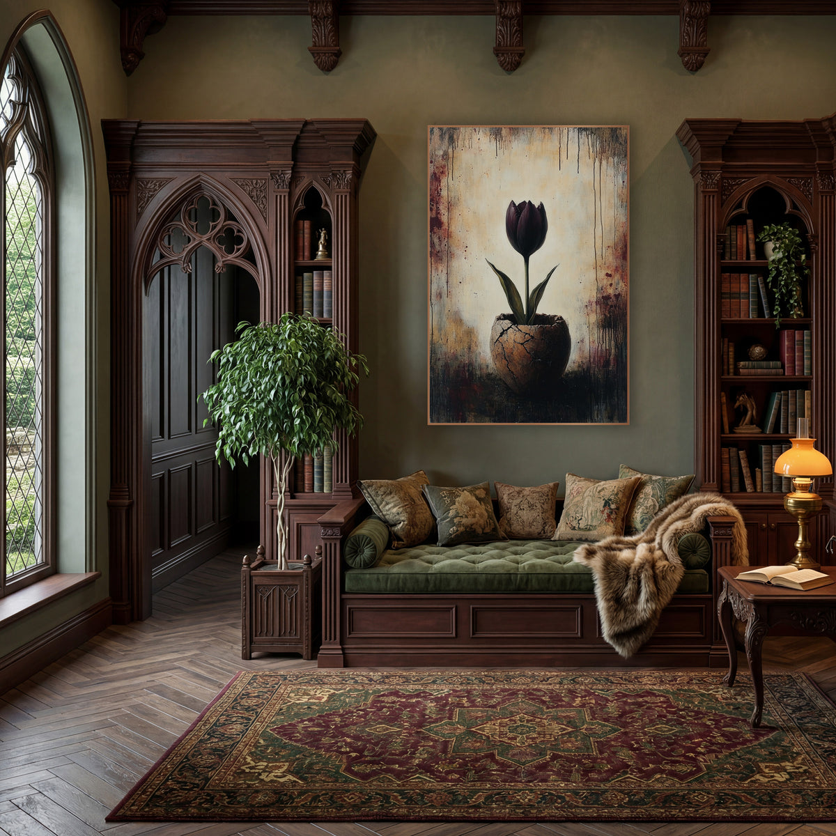 Dark Plum Tulip Cracked Vessel Moody wall art in a moody dark academia room – dark plum tulip with green leaves