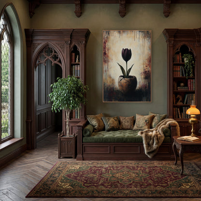 Dark Plum Tulip Cracked Vessel Moody wall art in a moody dark academia room – dark plum tulip with green leaves