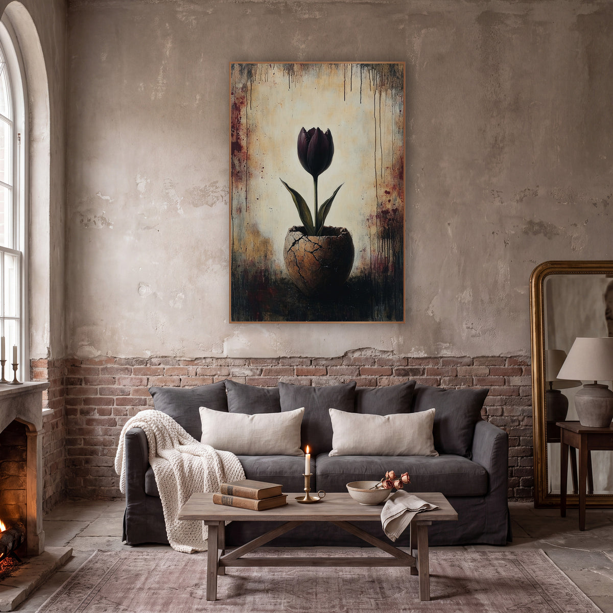 Dark Plum Tulip Cracked Vessel Moody wall art in a moody dark academia room – dark plum tulip with green leaves