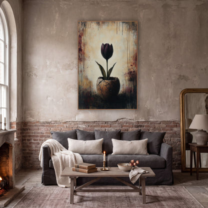 Dark Plum Tulip Cracked Vessel Moody wall art in a moody dark academia room – dark plum tulip with green leaves
