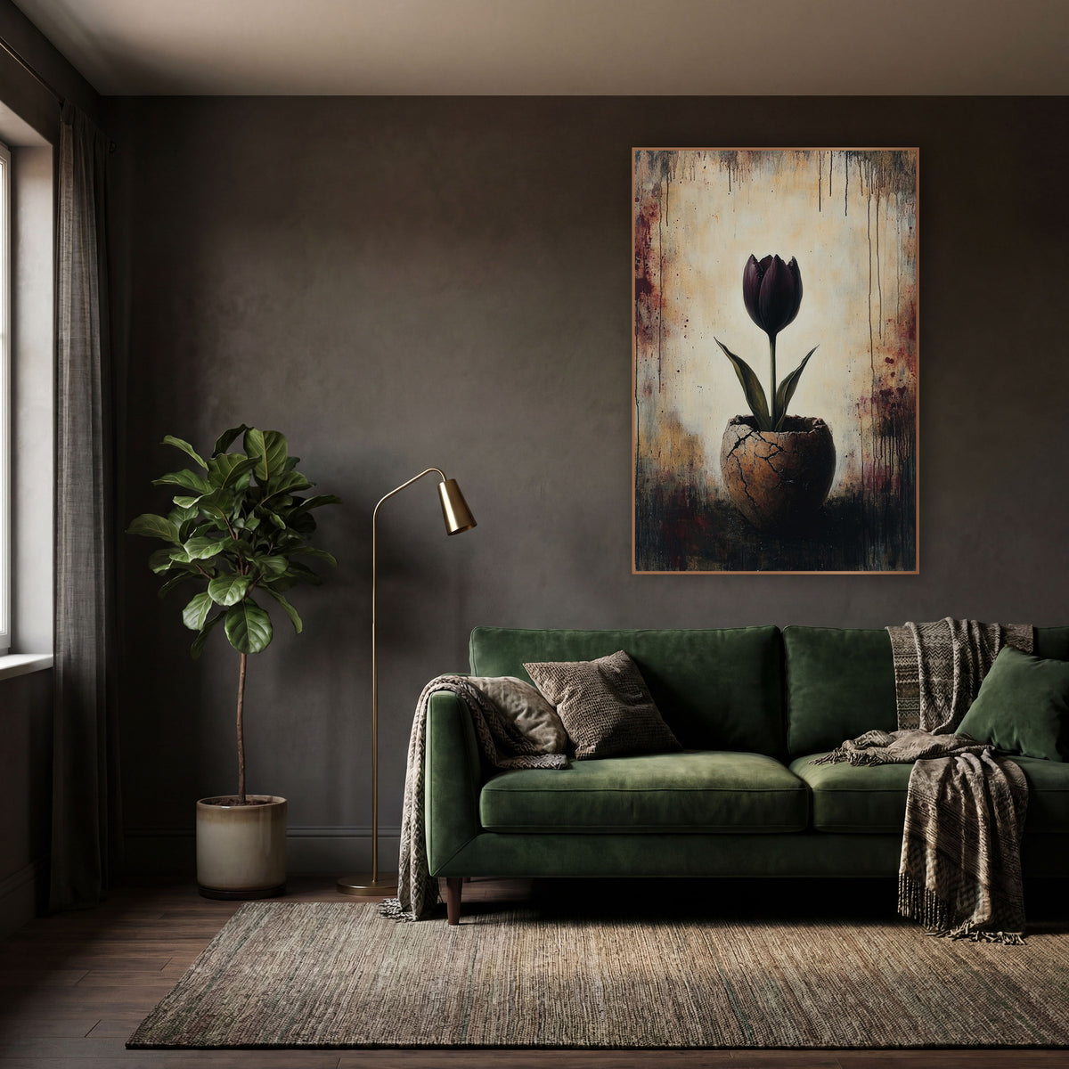 Dark Plum Tulip Cracked Vessel Moody wall art in a moody dark academia room – dark plum tulip with green leaves