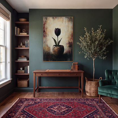 Dark Plum Tulip Cracked Vessel Moody wall art in a moody dark academia room – dark plum tulip with green leaves