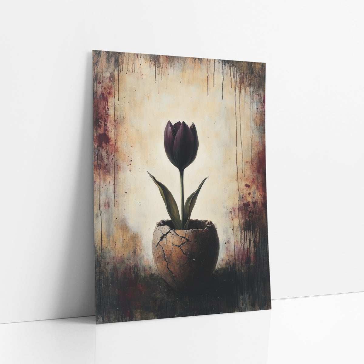 Dark Plum Tulip Cracked Vessel Moody art print leaning against a white wall – dark plum tulip with green leaves in a cracked
