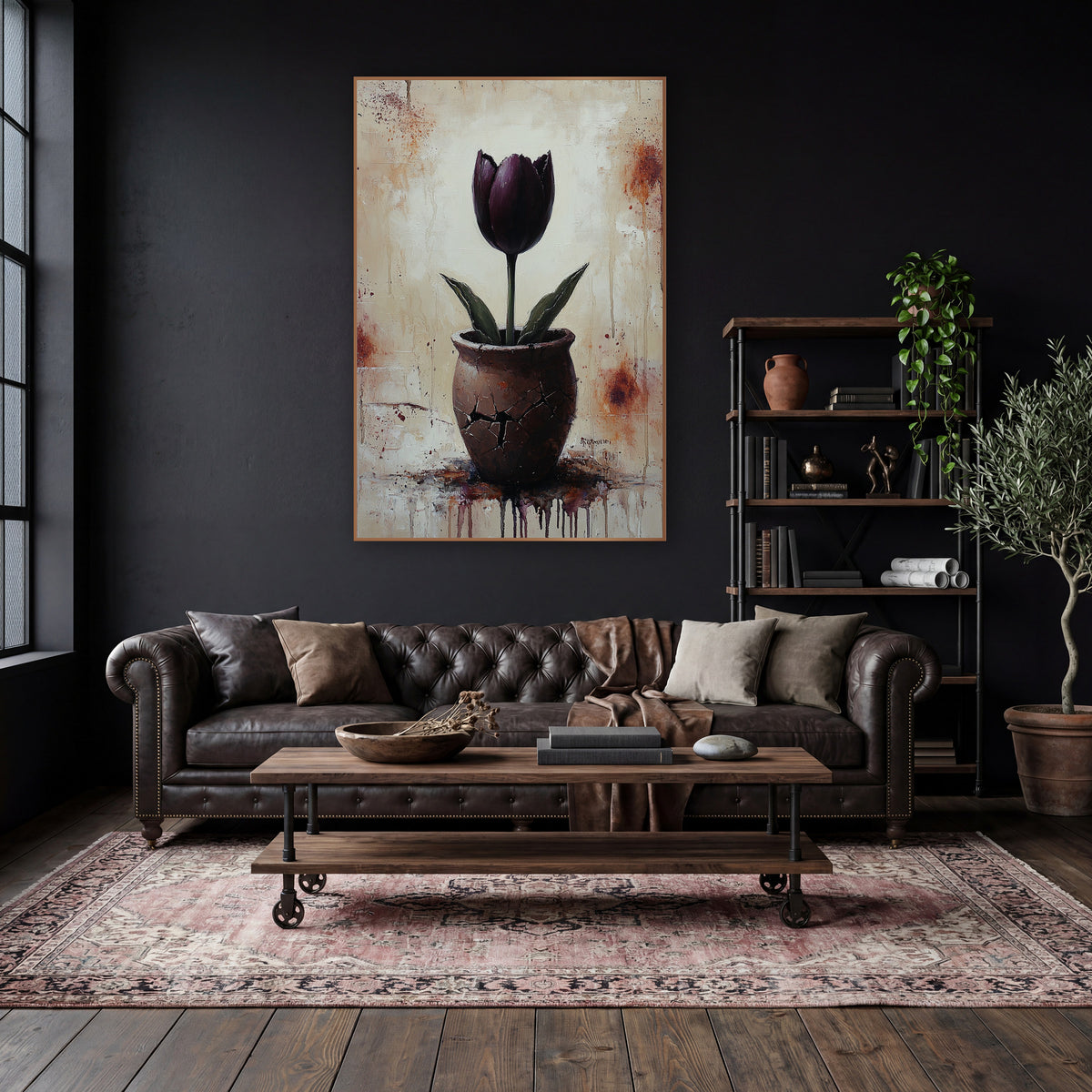Burgundy Tulip Splatter Farmhouse wall art in a moody dark academia room – dark plum tulip with green leaves