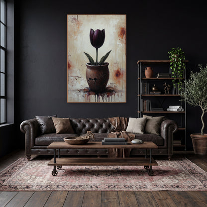 Burgundy Tulip Splatter Farmhouse wall art in a moody dark academia room – dark plum tulip with green leaves