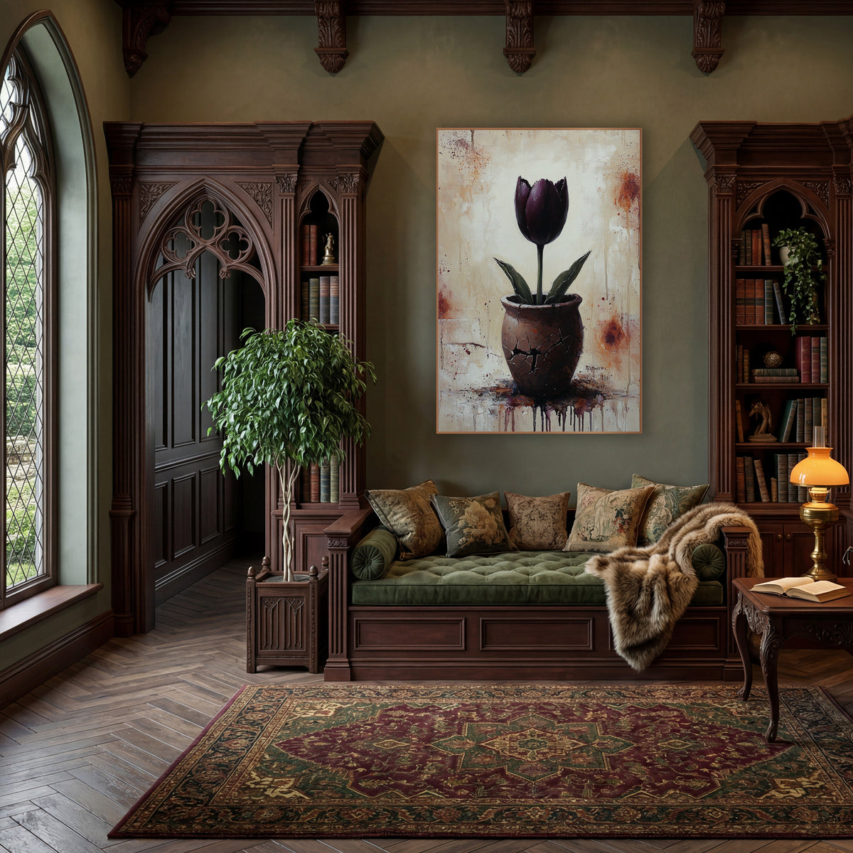 Burgundy Tulip Splatter Farmhouse wall art in a moody dark academia room – dark plum tulip with green leaves