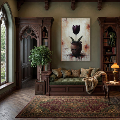 Burgundy Tulip Splatter Farmhouse wall art in a moody dark academia room – dark plum tulip with green leaves