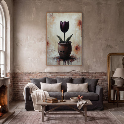 Burgundy Tulip Splatter Farmhouse wall art in a moody dark academia room – dark plum tulip with green leaves