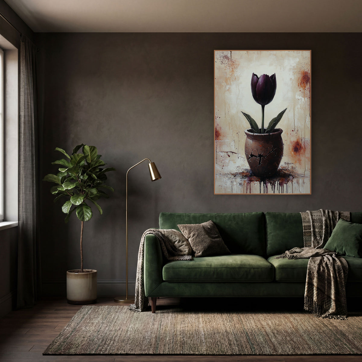 Burgundy Tulip Splatter Farmhouse wall art in a moody dark academia room – dark plum tulip with green leaves