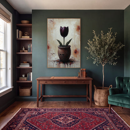 Burgundy Tulip Splatter Farmhouse wall art in a moody dark academia room – dark plum tulip with green leaves