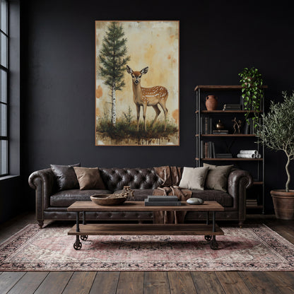 Spotted Fawn Evergreen Woodland Study wall art in a moody dark academia room – spotted fawn standing in grass