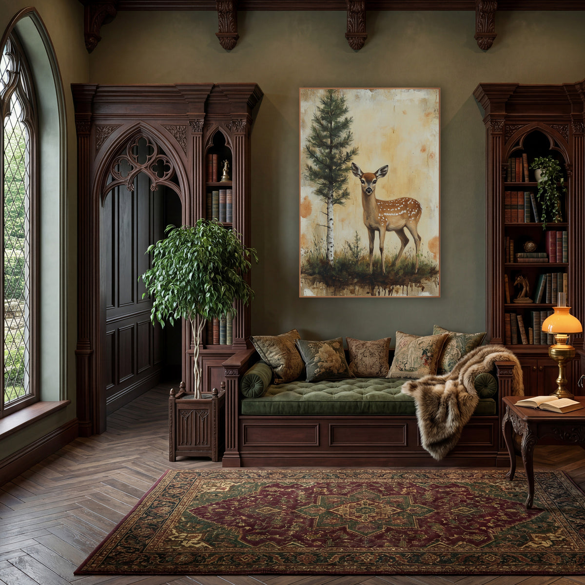 Spotted Fawn Evergreen Woodland Study wall art in a moody dark academia room – spotted fawn standing in grass