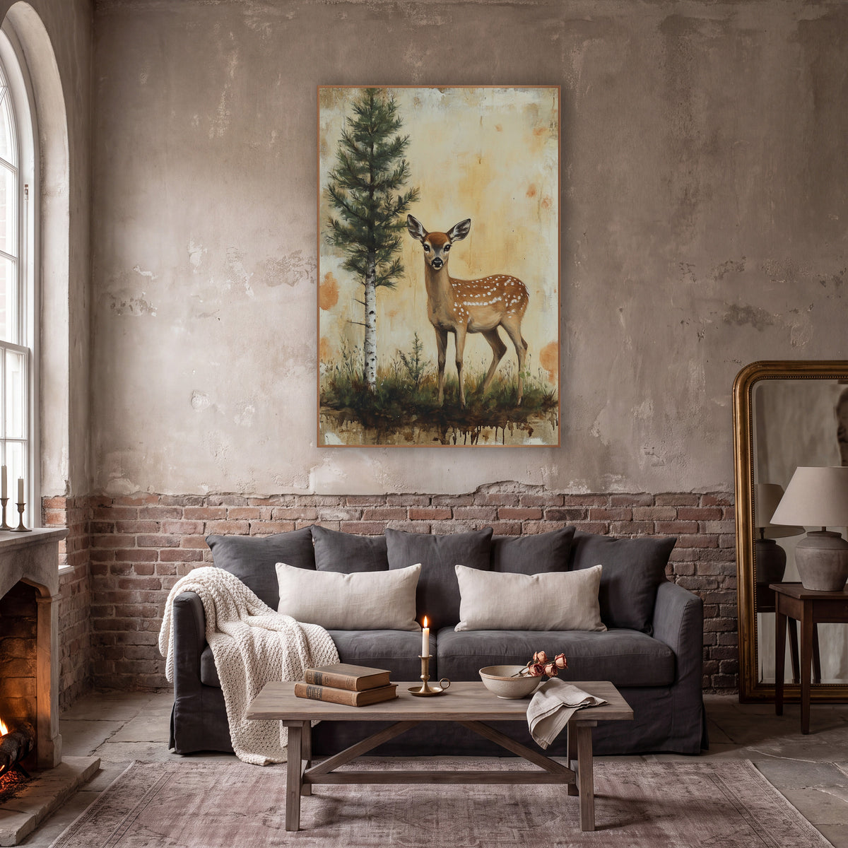 Spotted Fawn Evergreen Woodland Study wall art in a moody dark academia room – spotted fawn standing in grass