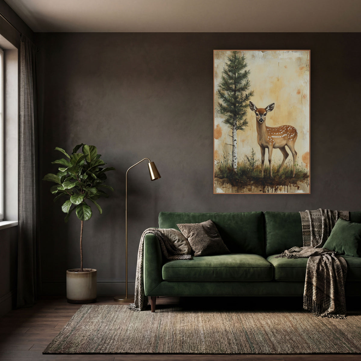 Spotted Fawn Evergreen Woodland Study wall art in a moody dark academia room – spotted fawn standing in grass