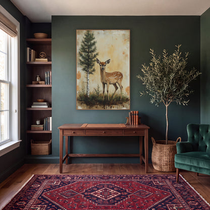 Spotted Fawn Evergreen Woodland Study wall art in a moody dark academia room – spotted fawn standing in grass