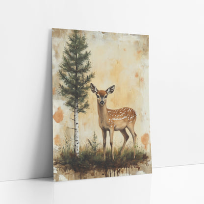 Spotted Fawn Evergreen Woodland Study art print leaning against a white wall – spotted fawn standing in grass beside a young