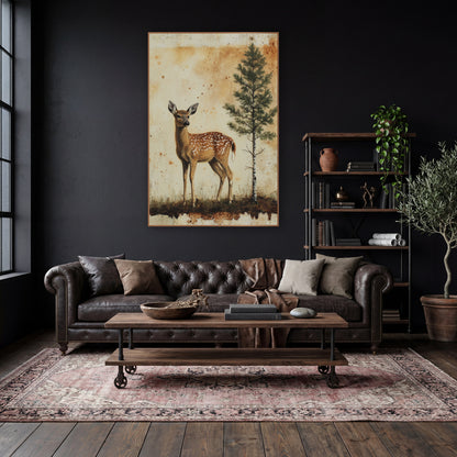 Spotted Fawn and Evergreen Vintage wall art in a moody dark academia room – spotted fawn standing beside a slim