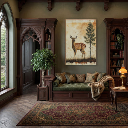 Spotted Fawn and Evergreen Vintage wall art in a moody dark academia room – spotted fawn standing beside a slim