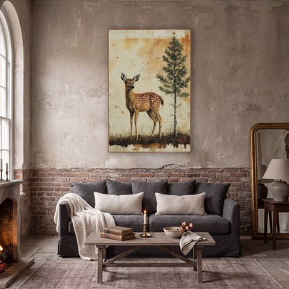 Spotted Fawn and Evergreen Vintage wall art in a moody dark academia room – spotted fawn standing beside a slim
