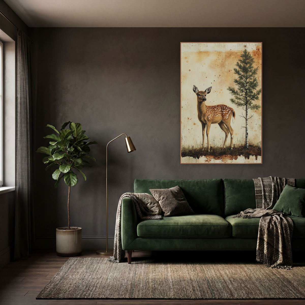 Spotted Fawn and Evergreen Vintage wall art in a moody dark academia room – spotted fawn standing beside a slim