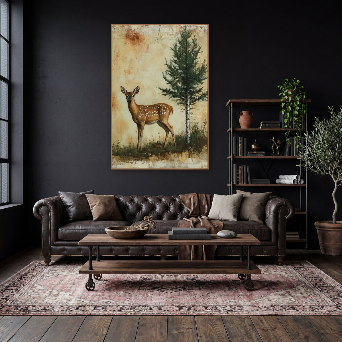 Spotted Fawn Evergreen Woodland Rustic wall art in a moody dark academia room – spotted fawn standing