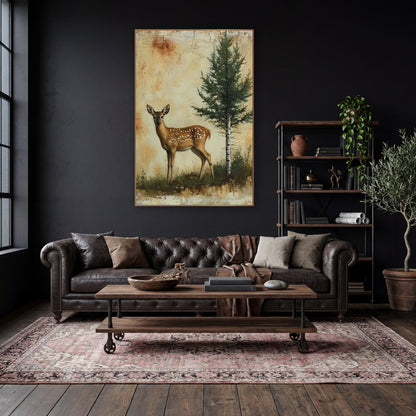 Spotted Fawn Evergreen Woodland Rustic wall art in a moody dark academia room – spotted fawn standing