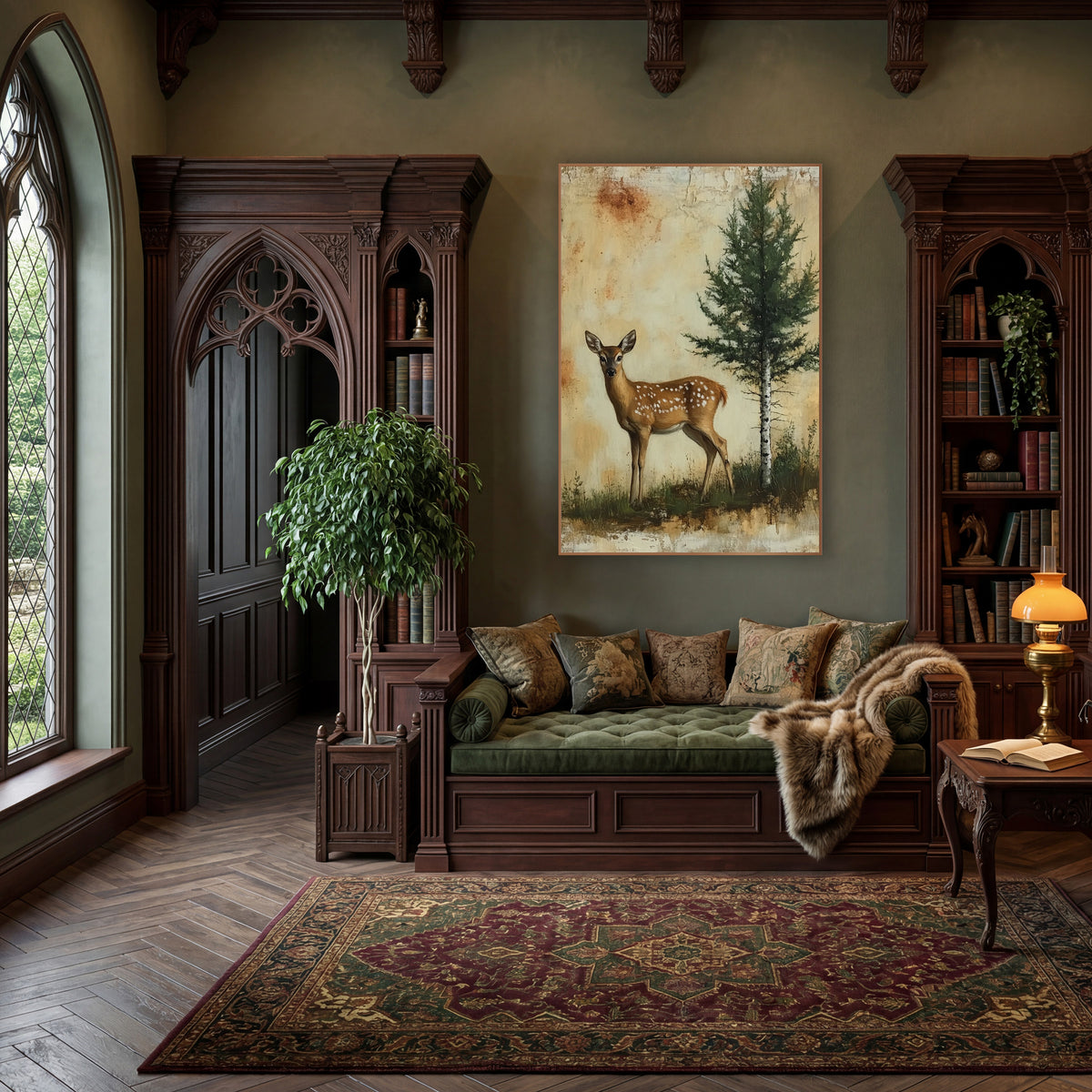 Spotted Fawn Evergreen Woodland Rustic wall art in a moody dark academia room – spotted fawn standing
