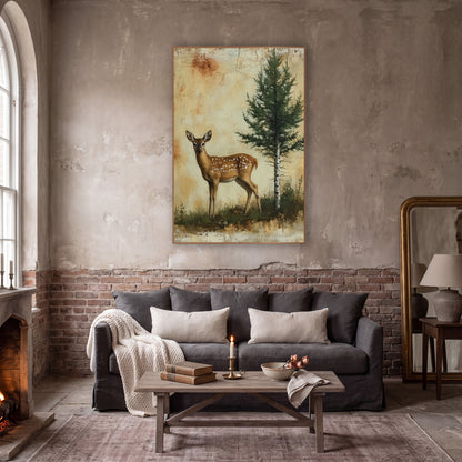 Spotted Fawn Evergreen Woodland Rustic wall art in a moody dark academia room – spotted fawn standing