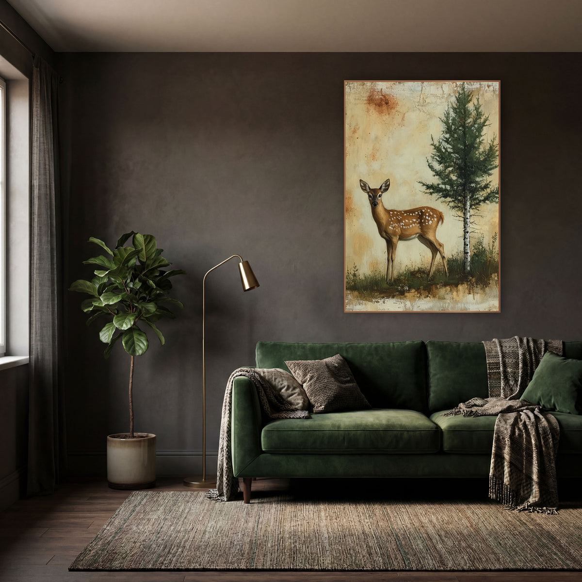 Spotted Fawn Evergreen Woodland Rustic wall art in a moody dark academia room – spotted fawn standing