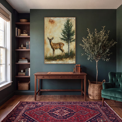 Spotted Fawn Evergreen Woodland Rustic wall art in a moody dark academia room – spotted fawn standing