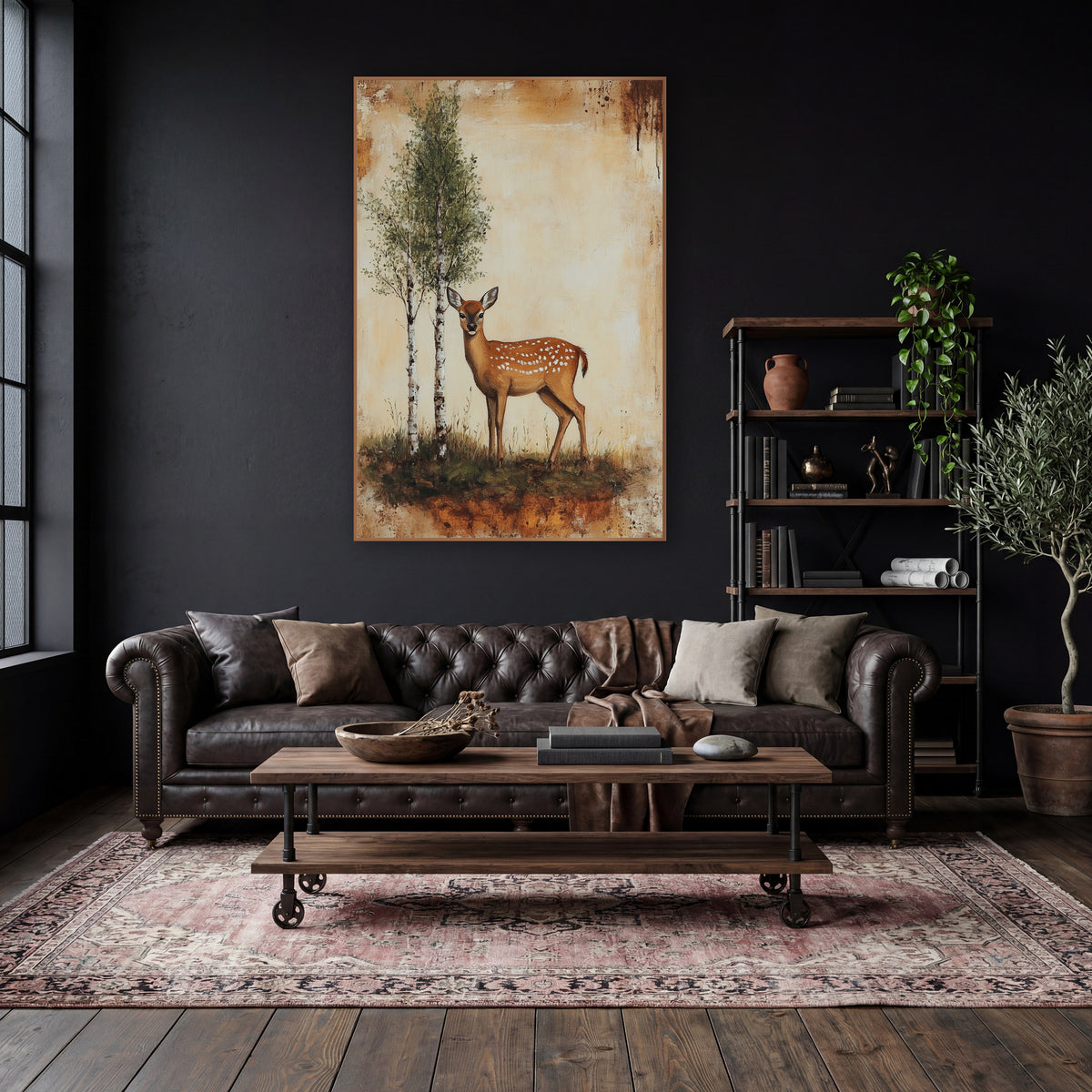 Spotted Fawn Birch Woodland Vintage wall art in a moody dark academia room – spotted fawn standing beside two birch
