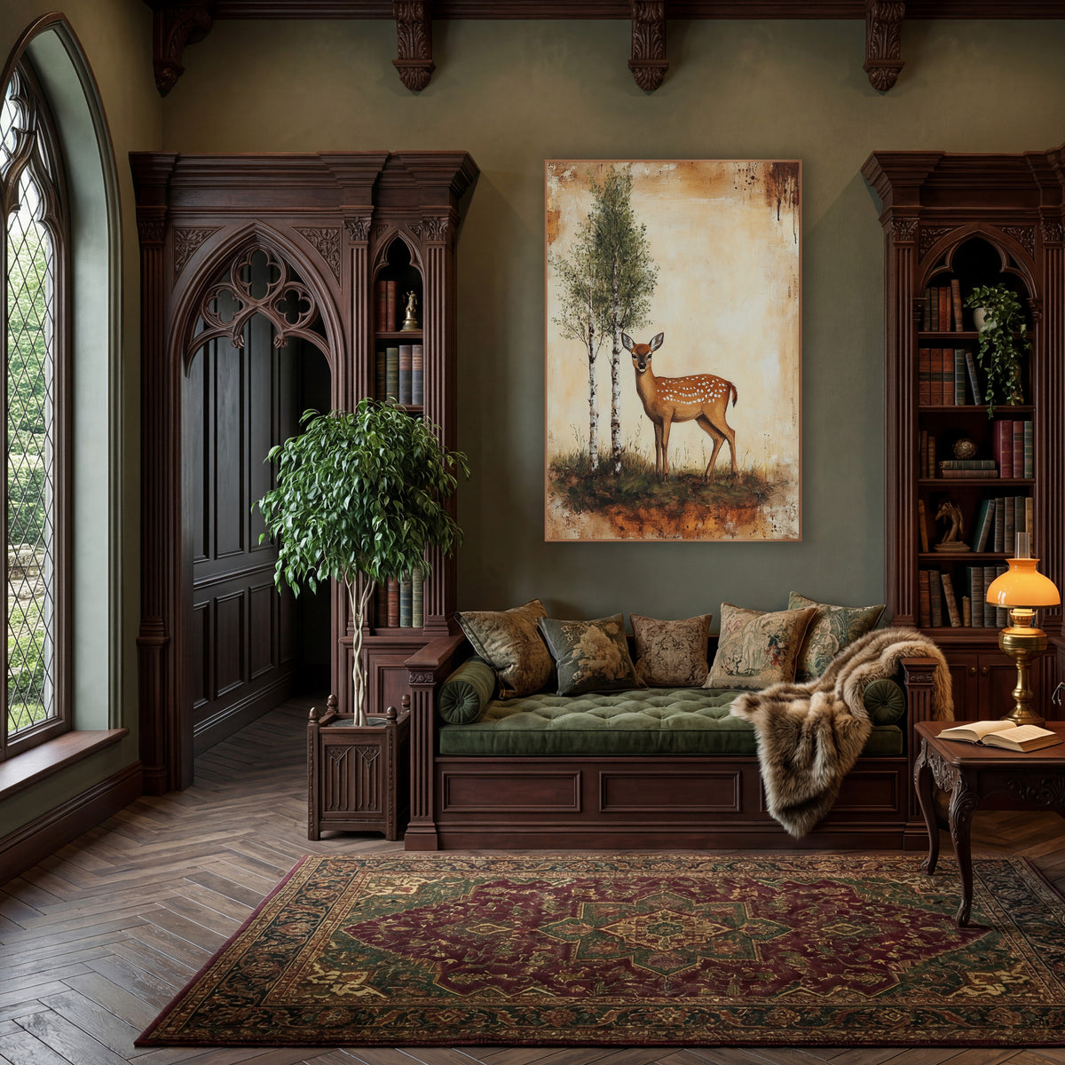 Spotted Fawn Birch Woodland Vintage wall art in a moody dark academia room – spotted fawn standing beside two birch
