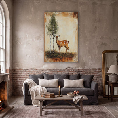 Spotted Fawn Birch Woodland Vintage wall art in a moody dark academia room – spotted fawn standing beside two birch
