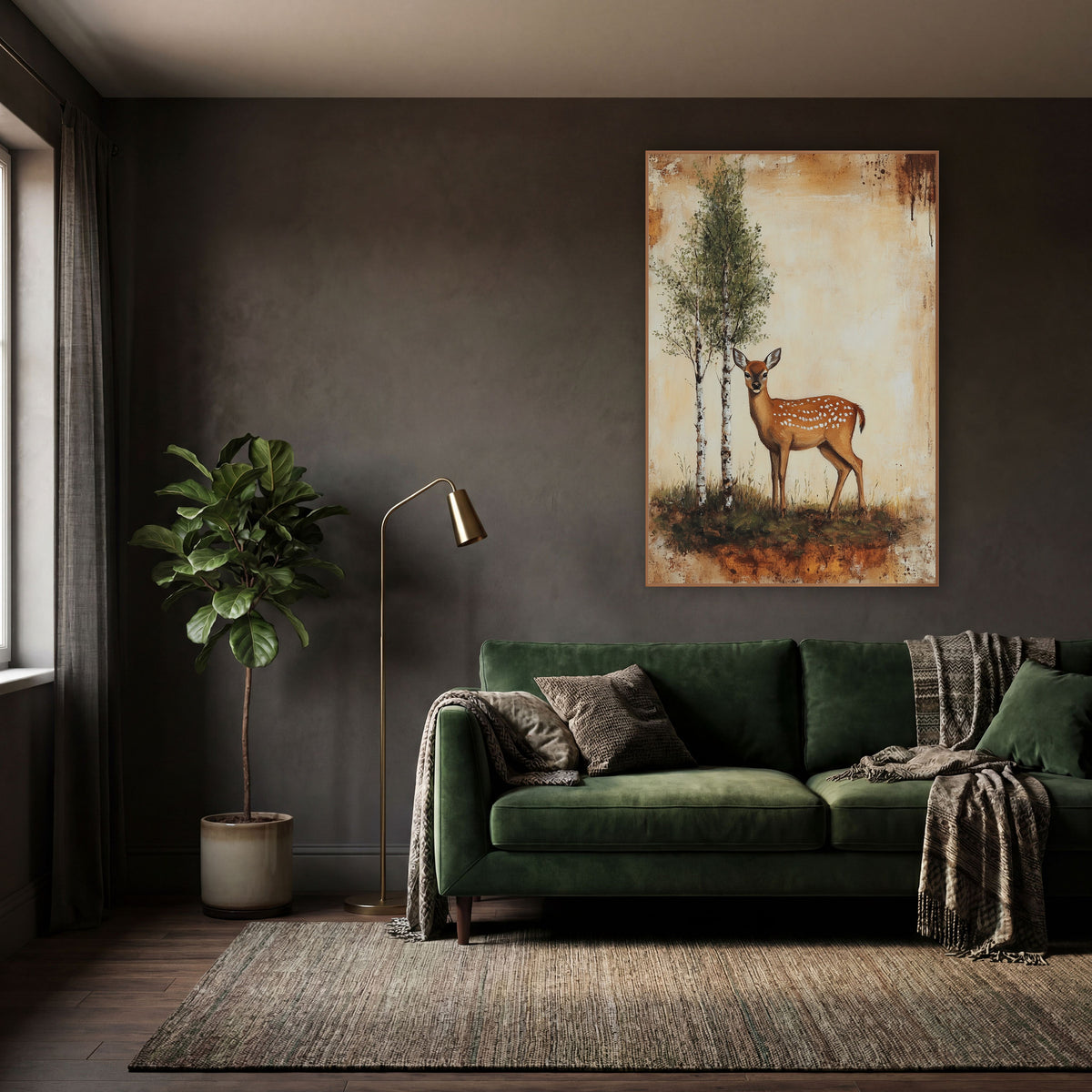 Spotted Fawn Birch Woodland Vintage wall art in a moody dark academia room – spotted fawn standing beside two birch