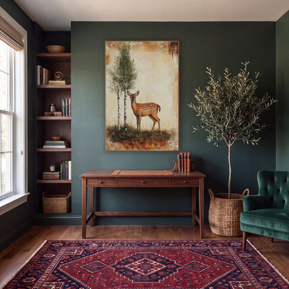 Spotted Fawn Birch Woodland Vintage wall art in a moody dark academia room – spotted fawn standing beside two birch