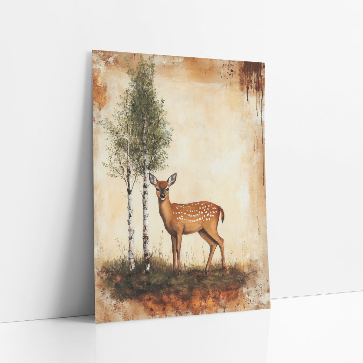 Spotted Fawn Birch Woodland Vintage art print leaning against a white wall – spotted fawn standing beside two birch trees