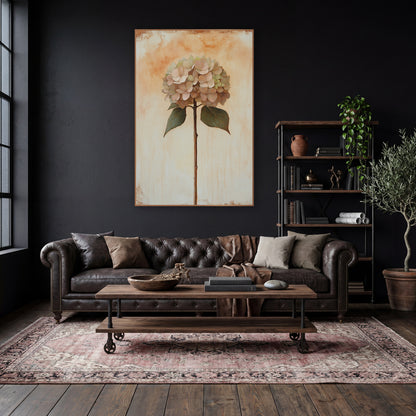 Blush Hydrangea Bloom Vintage Botanical wall art in a moody dark academia room – blush pink hydrangea on a tall brown