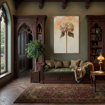 Blush Hydrangea Bloom Vintage Botanical wall art in a moody dark academia room – blush pink hydrangea on a tall brown