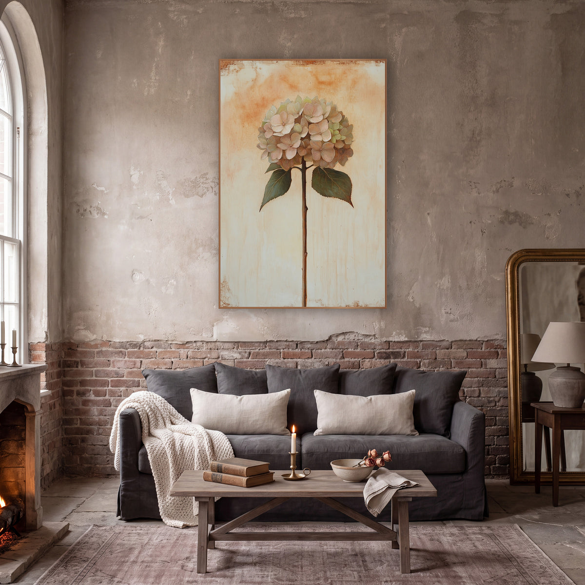 Blush Hydrangea Bloom Vintage Botanical wall art in a moody dark academia room – blush pink hydrangea on a tall brown