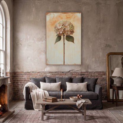 Blush Hydrangea Bloom Vintage Botanical wall art in a moody dark academia room – blush pink hydrangea on a tall brown